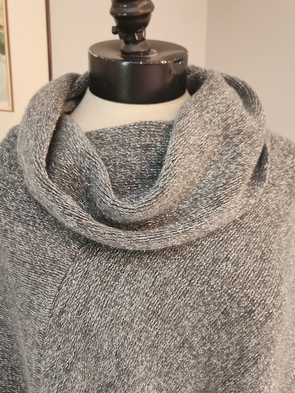 Chico's Silver Metallic Gray Cowl Neck Sweater Poncho Asymetrical Hem Fringe